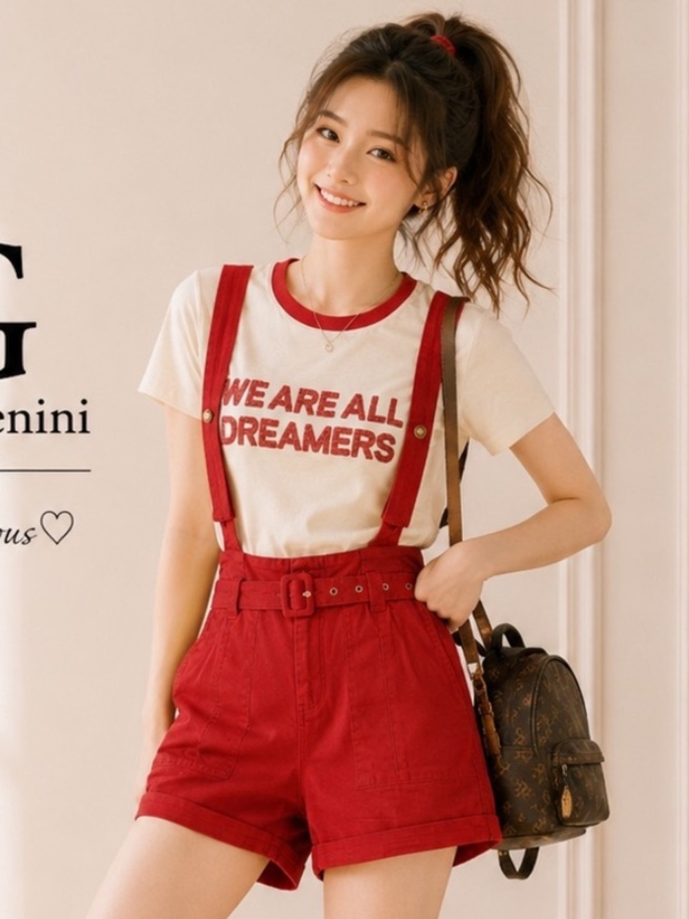 Red Suspender Shorts & “We Are All Dreamers” Graphic Tee Set • 2-Piece Outfit